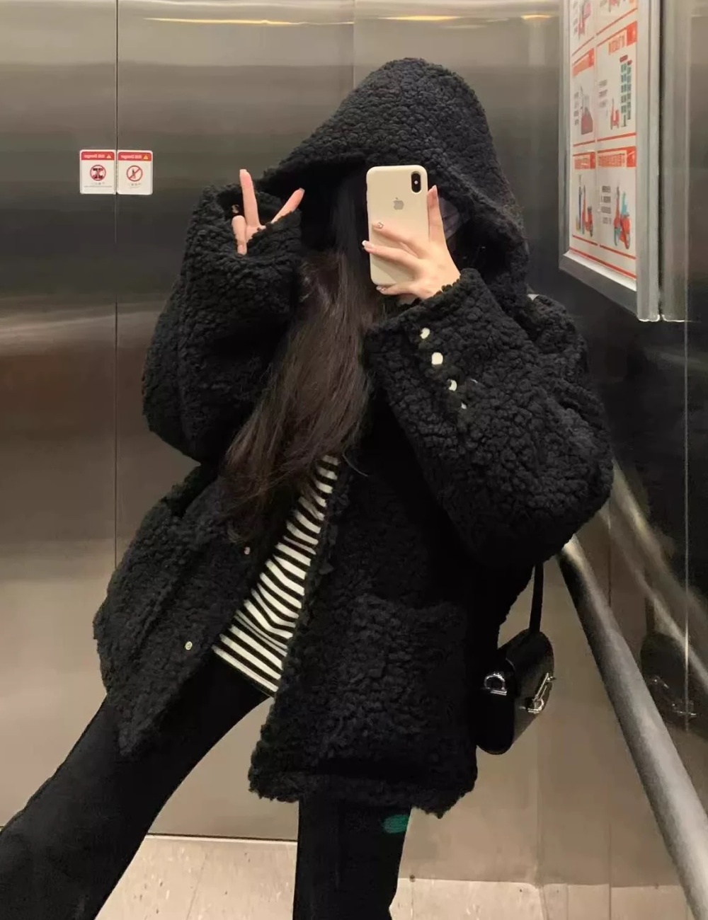 Winter lazy black plus cotton hooded coat for women