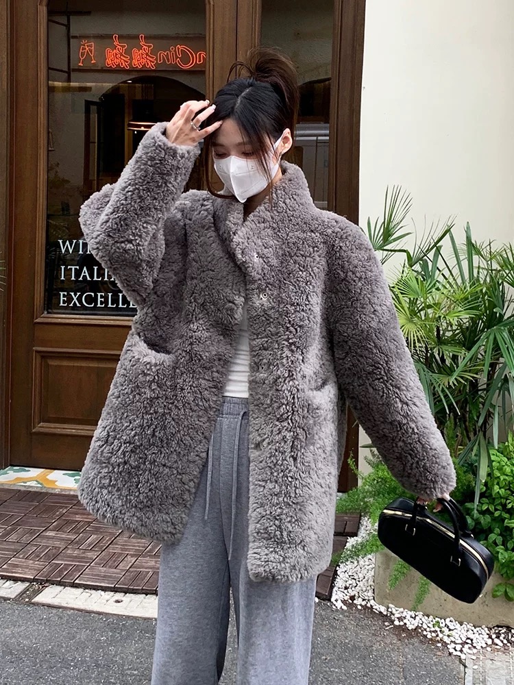 Thick cstand collar coat plus cotton lambs wool fur coat