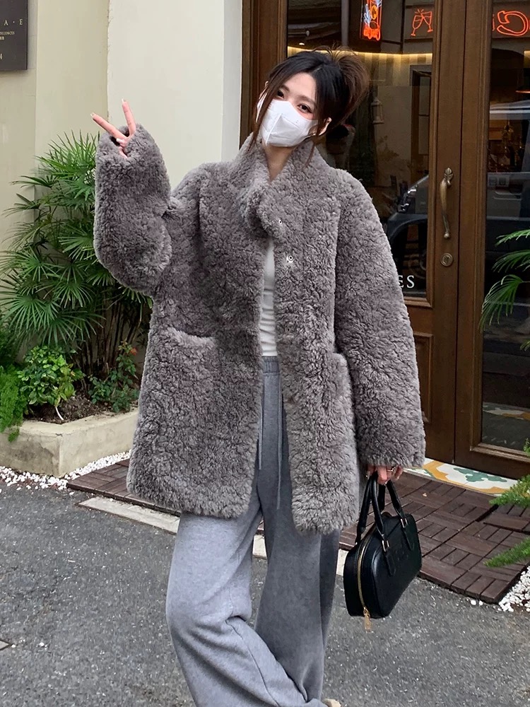 Thick cstand collar coat plus cotton lambs wool fur coat