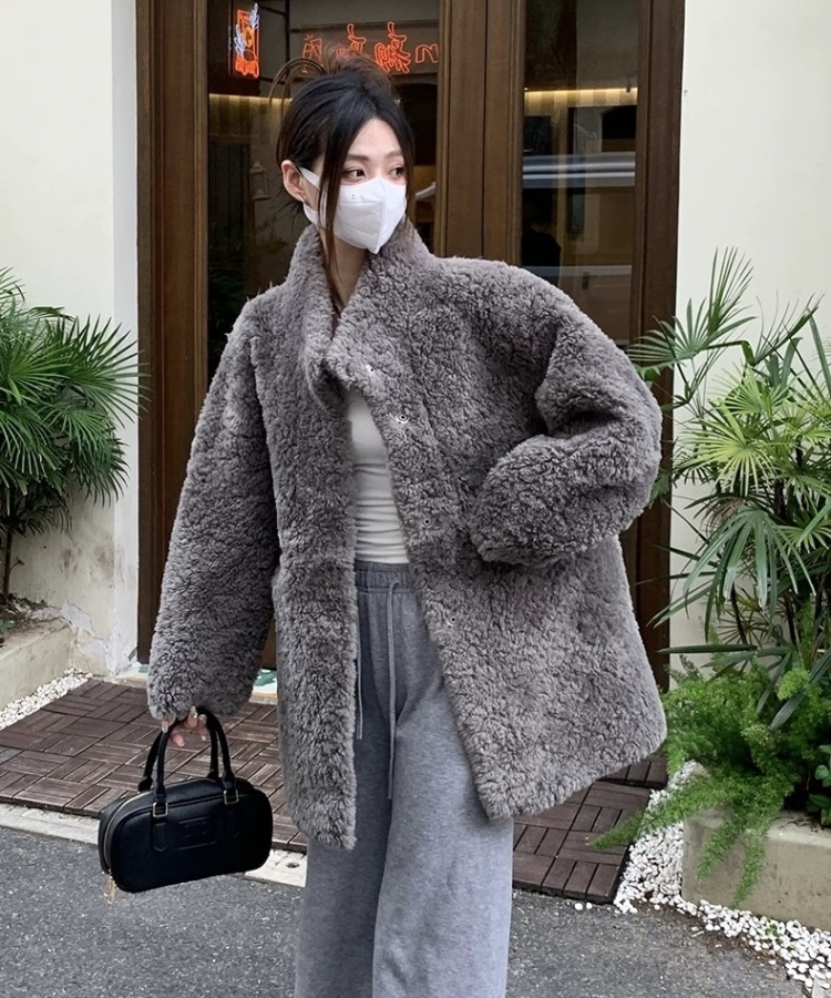 Thick cstand collar coat plus cotton lambs wool fur coat