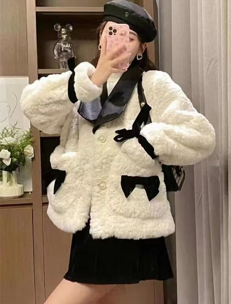 Slim chanelstyle bow tops all-match thick fur coat
