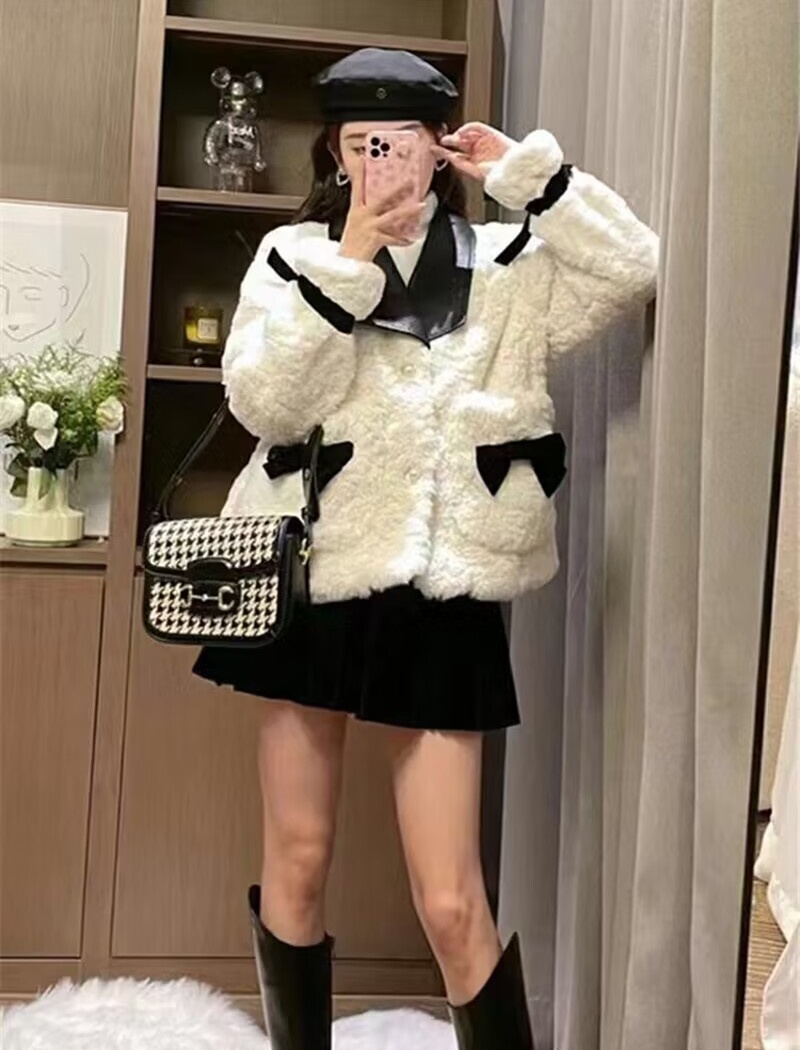 Slim chanelstyle bow tops all-match thick fur coat