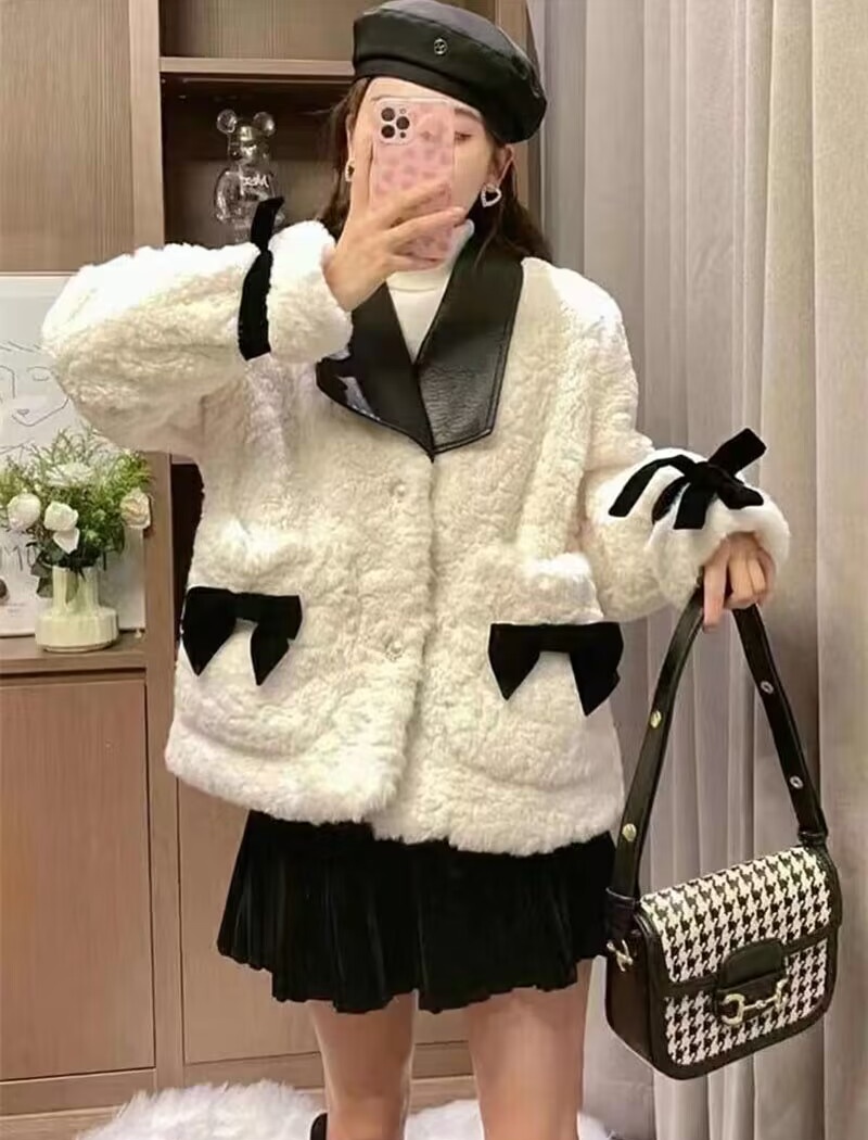 Slim chanelstyle bow tops all-match thick fur coat
