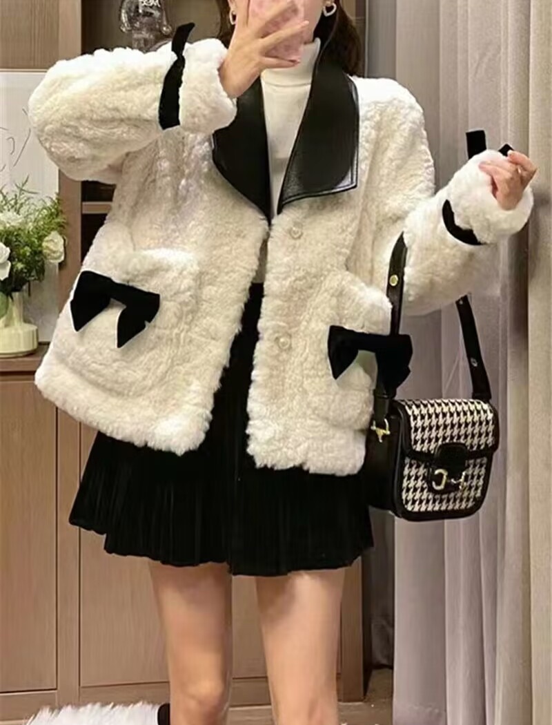 Slim chanelstyle bow tops all-match thick fur coat