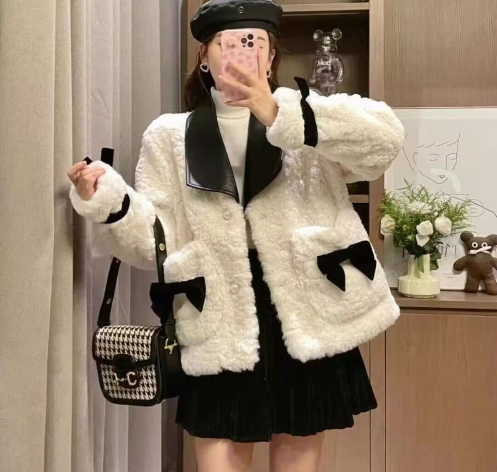 Slim chanelstyle bow tops all-match thick fur coat