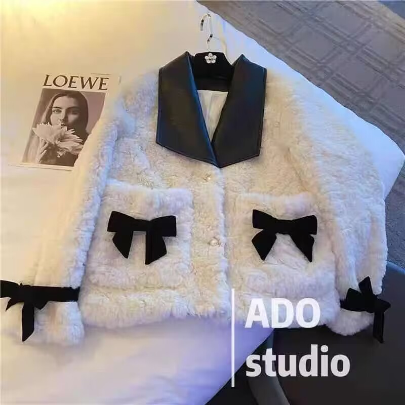 Slim chanelstyle bow tops all-match thick fur coat