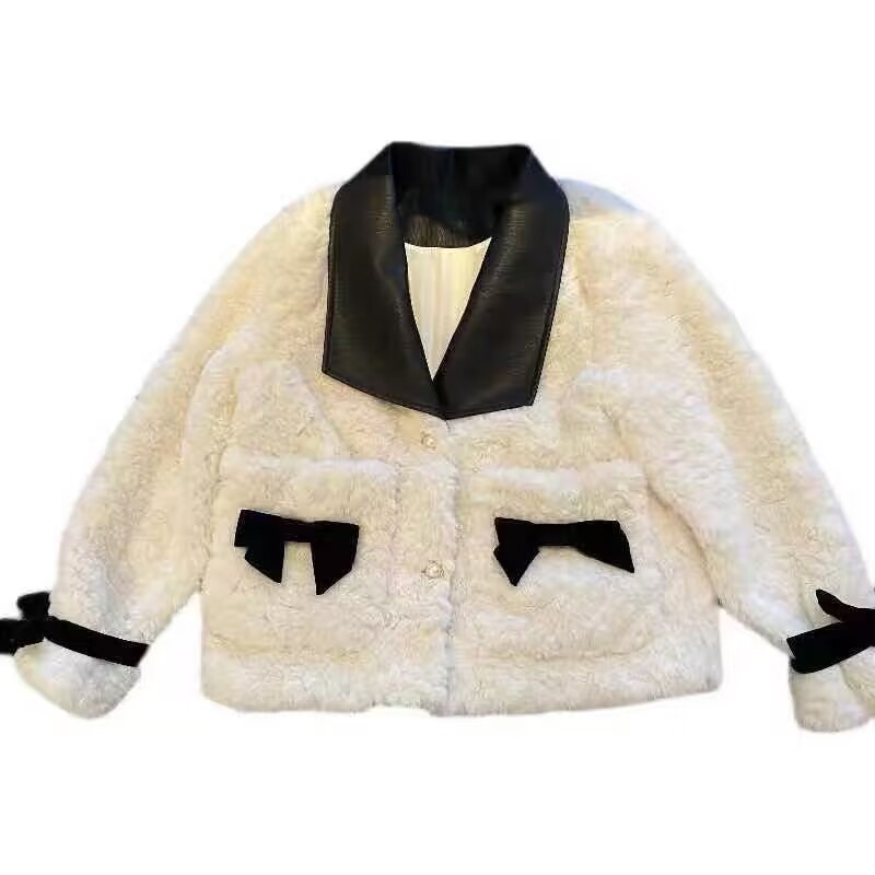 Slim chanelstyle bow tops all-match thick fur coat