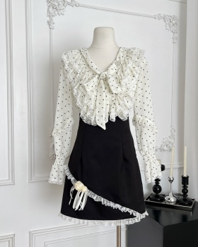 Bow slim skirt polka dot France style shirt 2pcs set