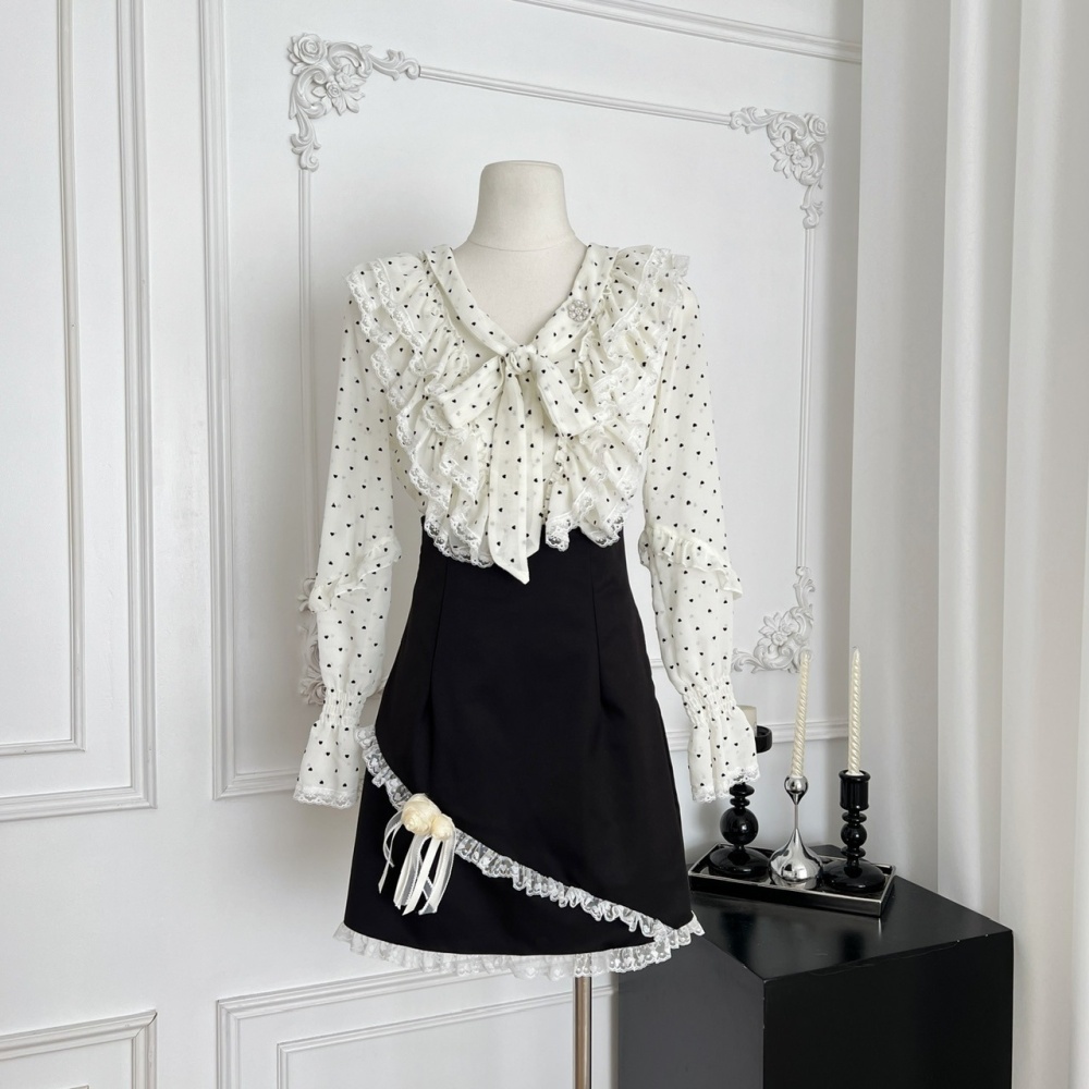 Bow slim skirt polka dot France style shirt 2pcs set