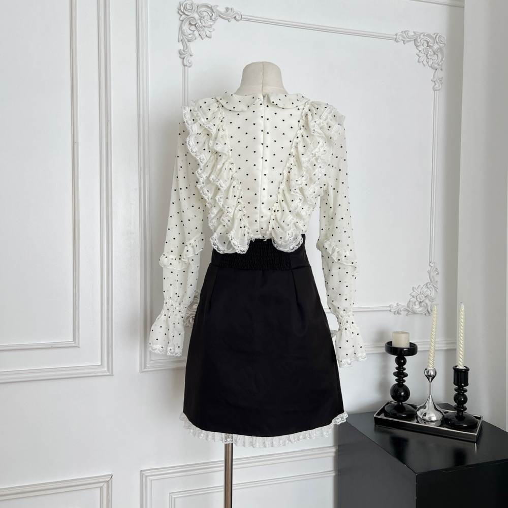 Bow slim skirt polka dot France style shirt 2pcs set