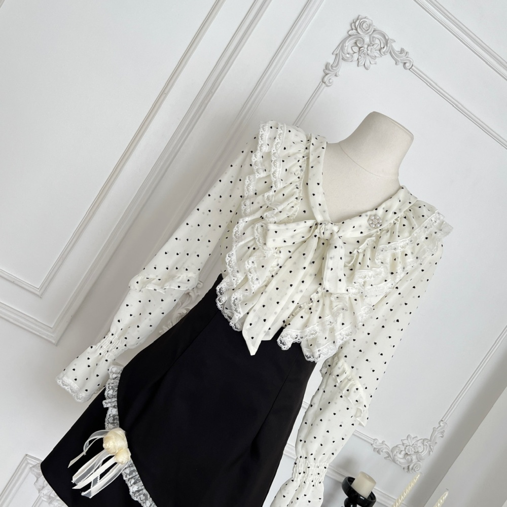 Bow slim skirt polka dot France style shirt 2pcs set