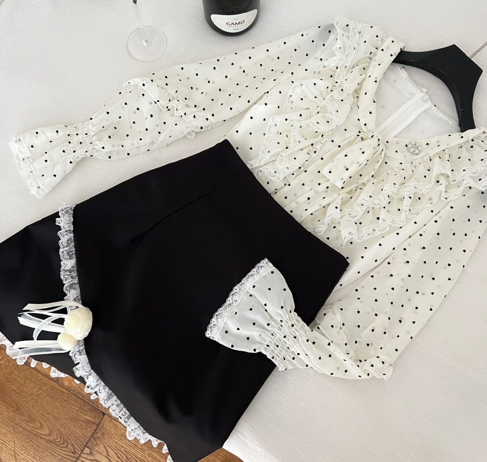 Bow slim skirt polka dot France style shirt 2pcs set