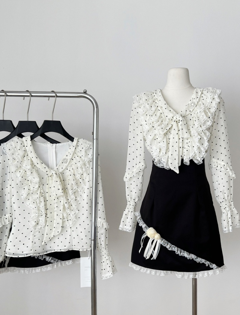 Bow slim skirt polka dot France style shirt 2pcs set