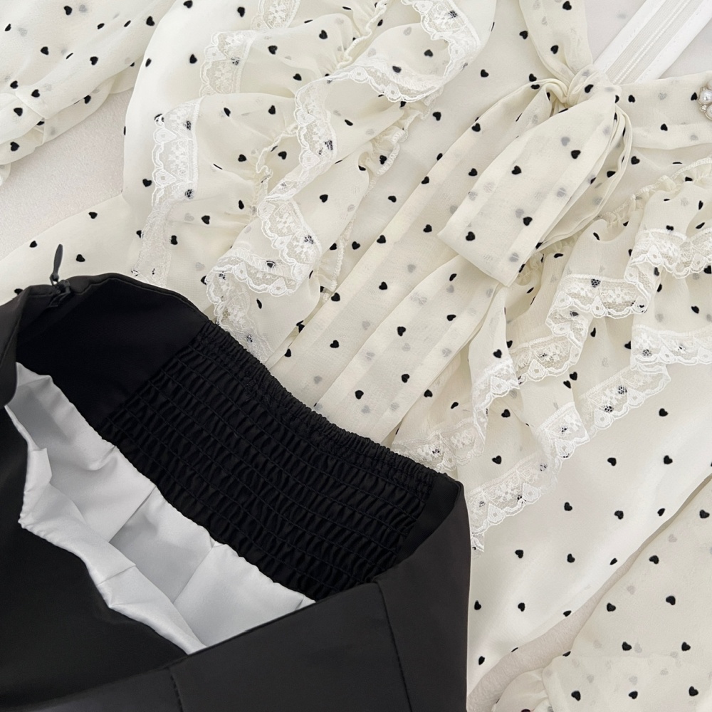 Bow slim skirt polka dot France style shirt 2pcs set