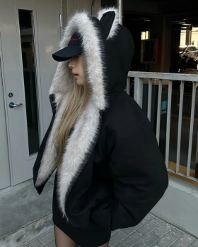 Suede black winter cotton coat hooded thick fur collar coat