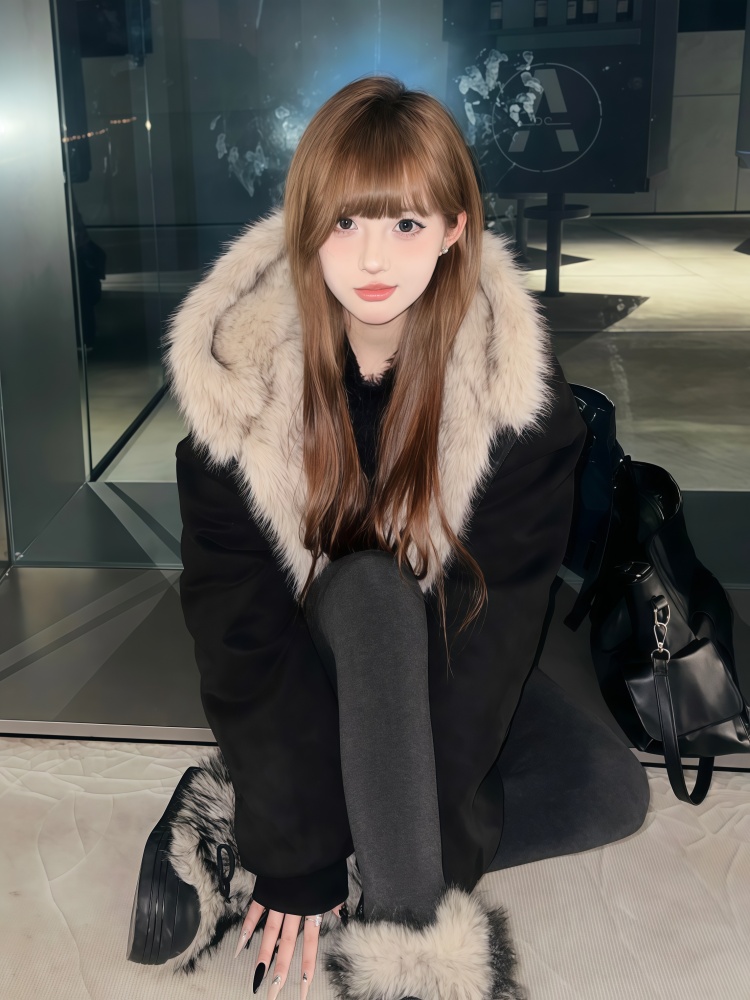 Suede black winter cotton coat hooded thick fur collar coat