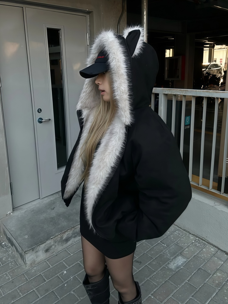 Suede black winter cotton coat hooded thick fur collar coat