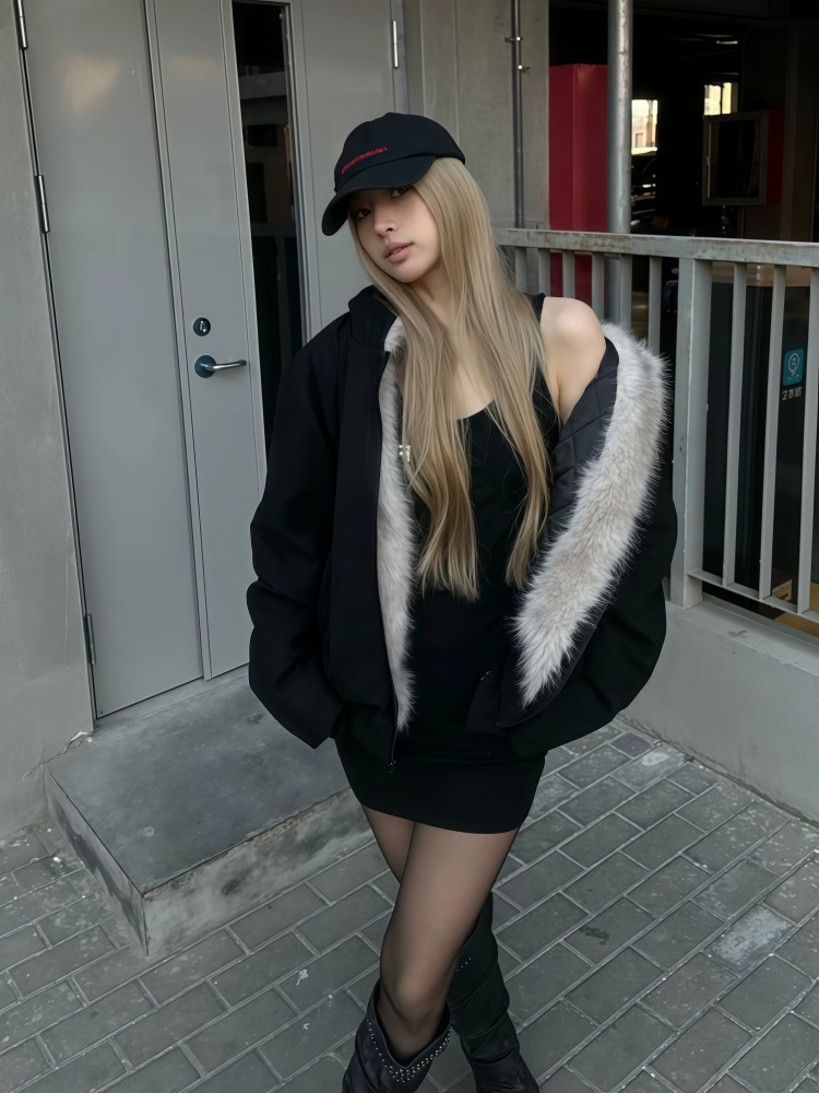 Suede black winter cotton coat hooded thick fur collar coat