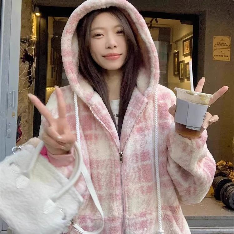 Imitation lamb's wool loose lovely Korean style hoodie