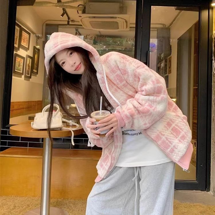 Imitation lamb's wool loose lovely Korean style hoodie