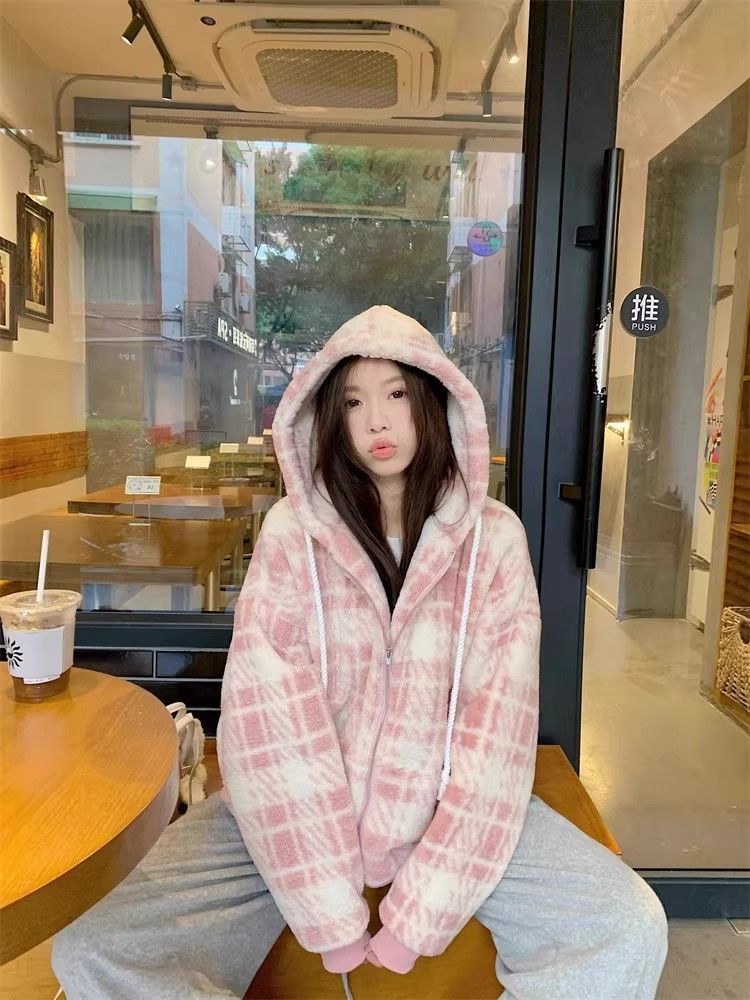 Imitation lamb's wool loose lovely Korean style hoodie