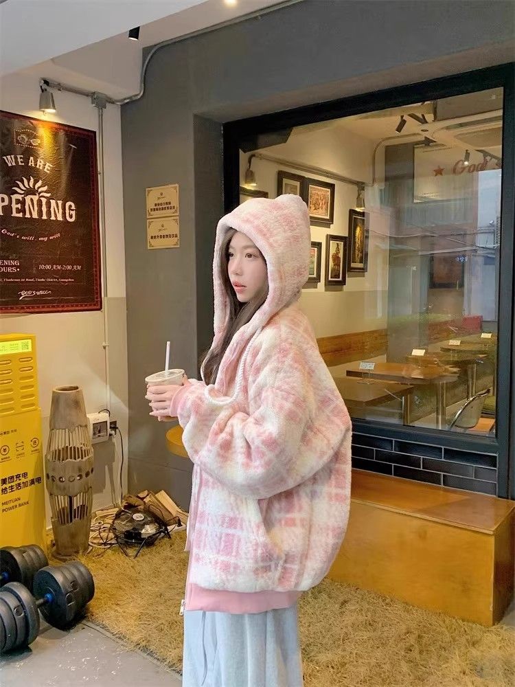 Imitation lamb's wool loose lovely Korean style hoodie