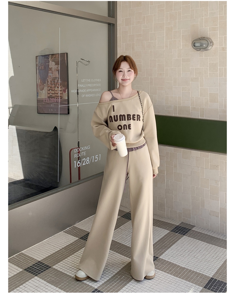 Splice stripe hoodie autumn wide leg casual pants a set