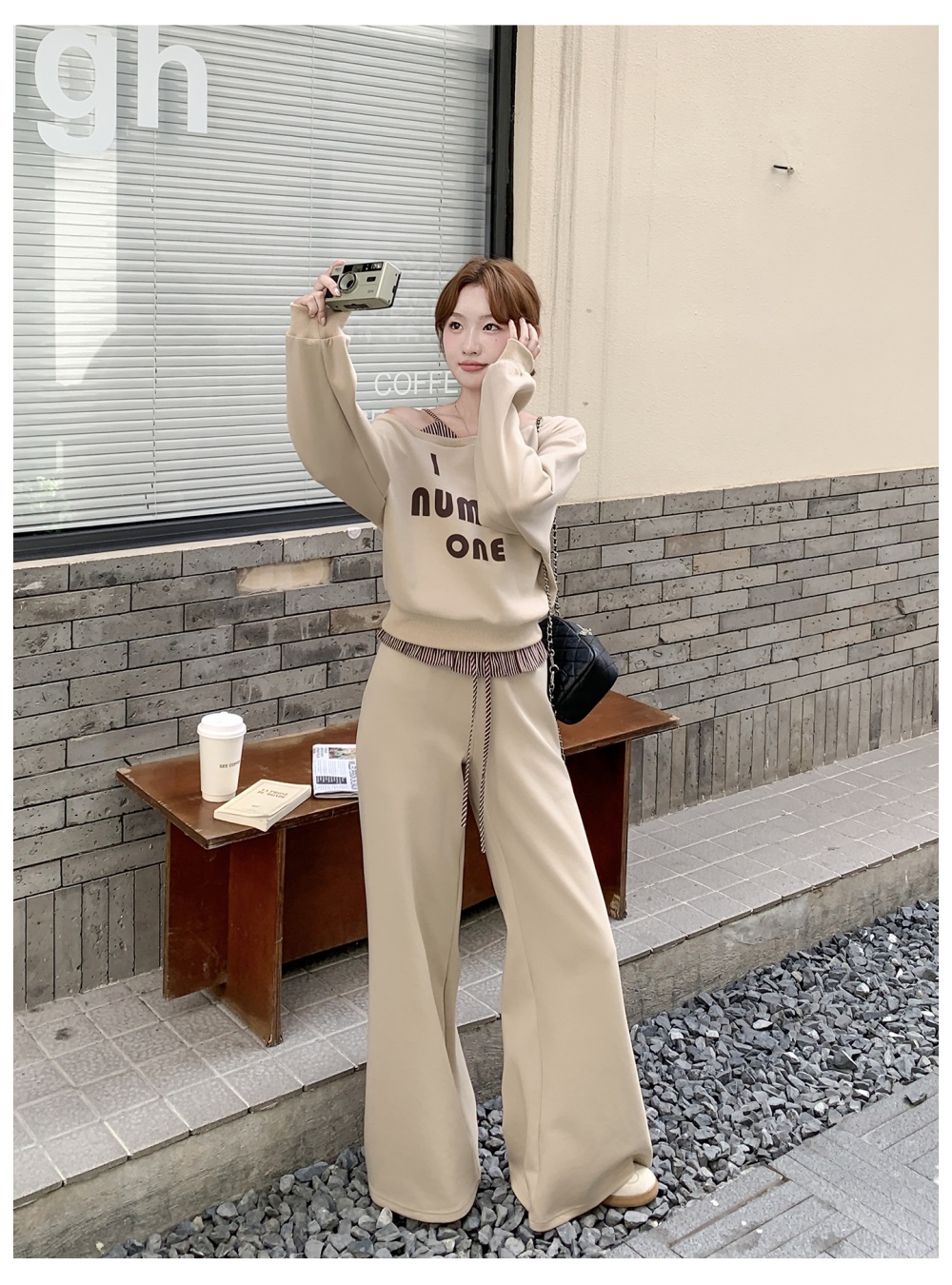 Splice stripe hoodie autumn wide leg casual pants a set