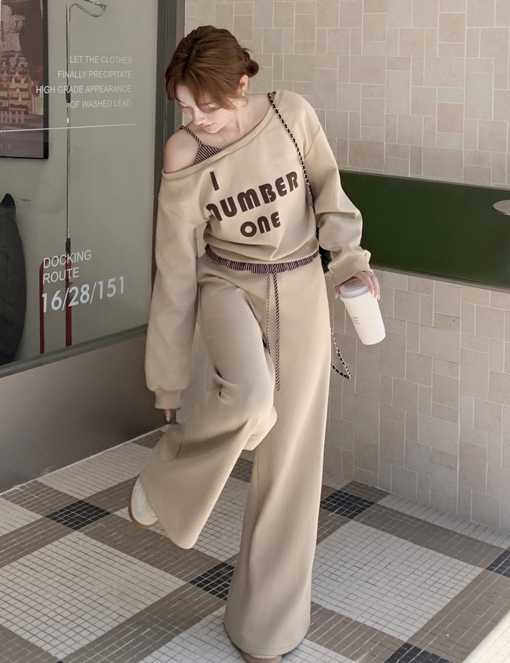 Splice stripe hoodie autumn wide leg casual pants a set