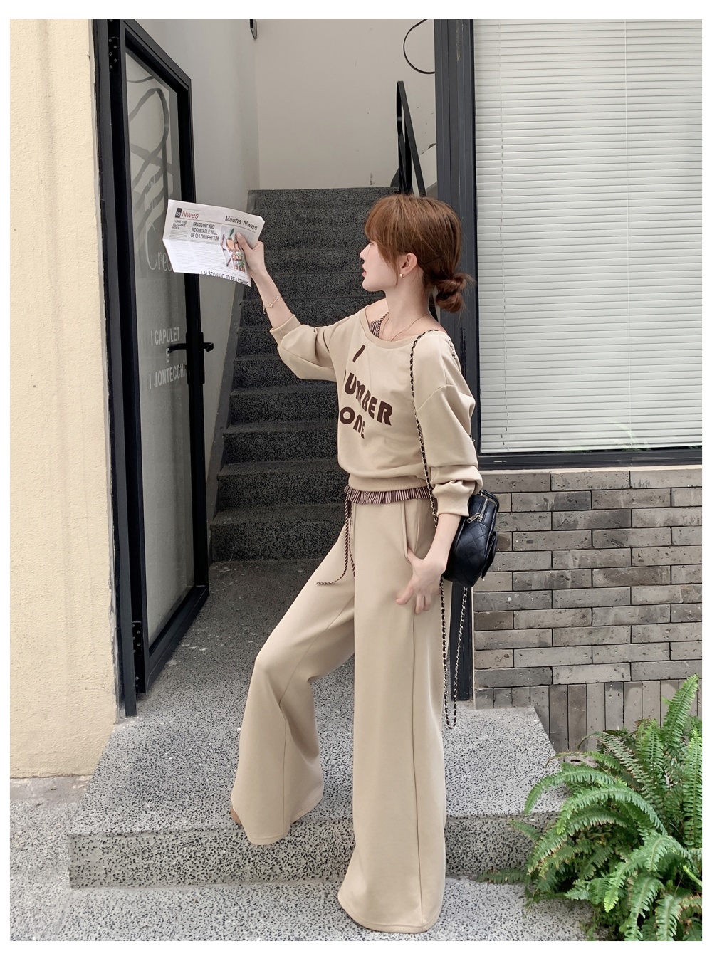 Splice stripe hoodie autumn wide leg casual pants a set