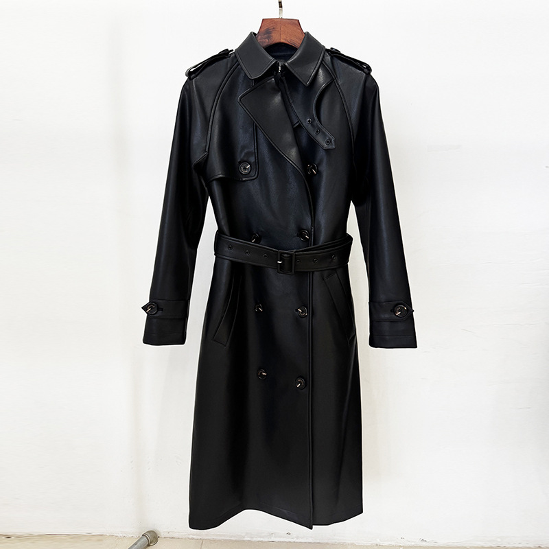 Waistband autumn and winter leather coat long fashion coat