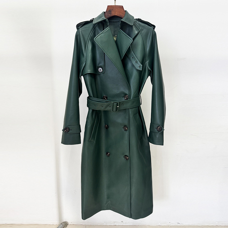 Waistband autumn and winter leather coat long fashion coat