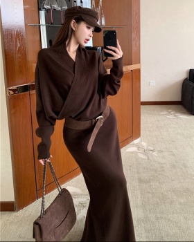 Knitted lazy skirt France style tops 2pcs set