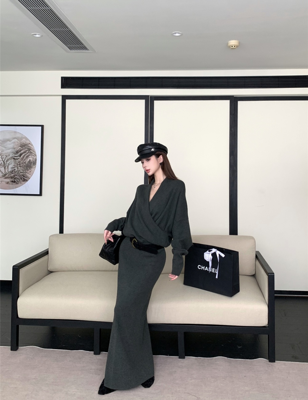 Knitted lazy skirt France style tops 2pcs set