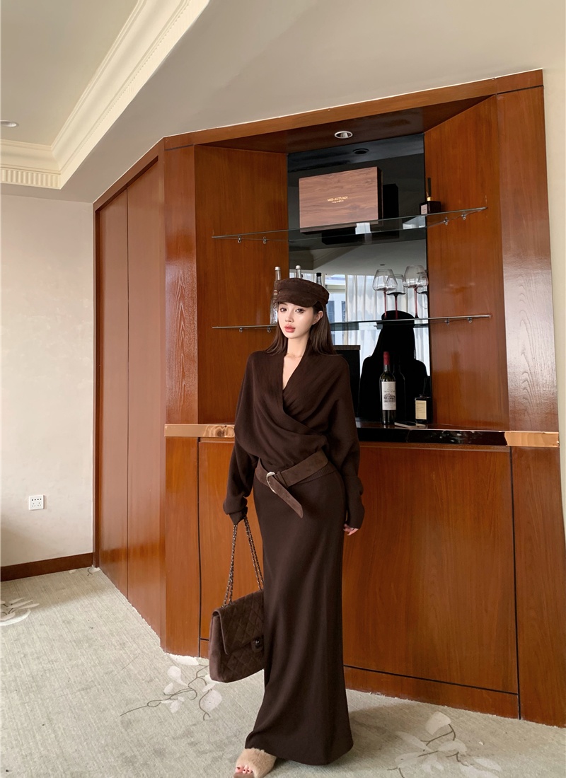 Knitted lazy skirt France style tops 2pcs set