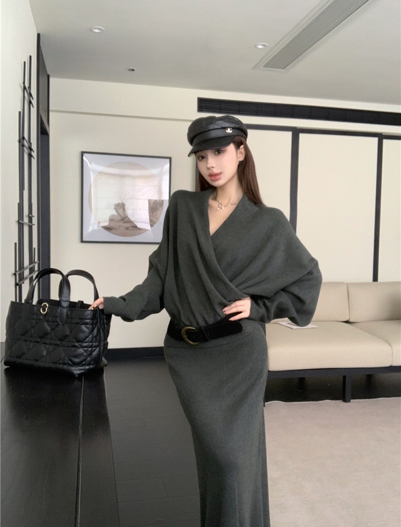 Knitted lazy skirt France style tops 2pcs set