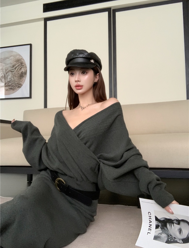 Knitted lazy skirt France style tops 2pcs set