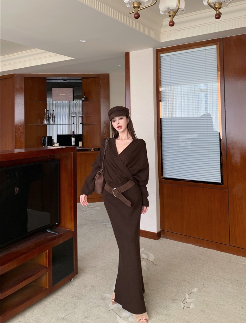 Knitted lazy skirt France style tops 2pcs set