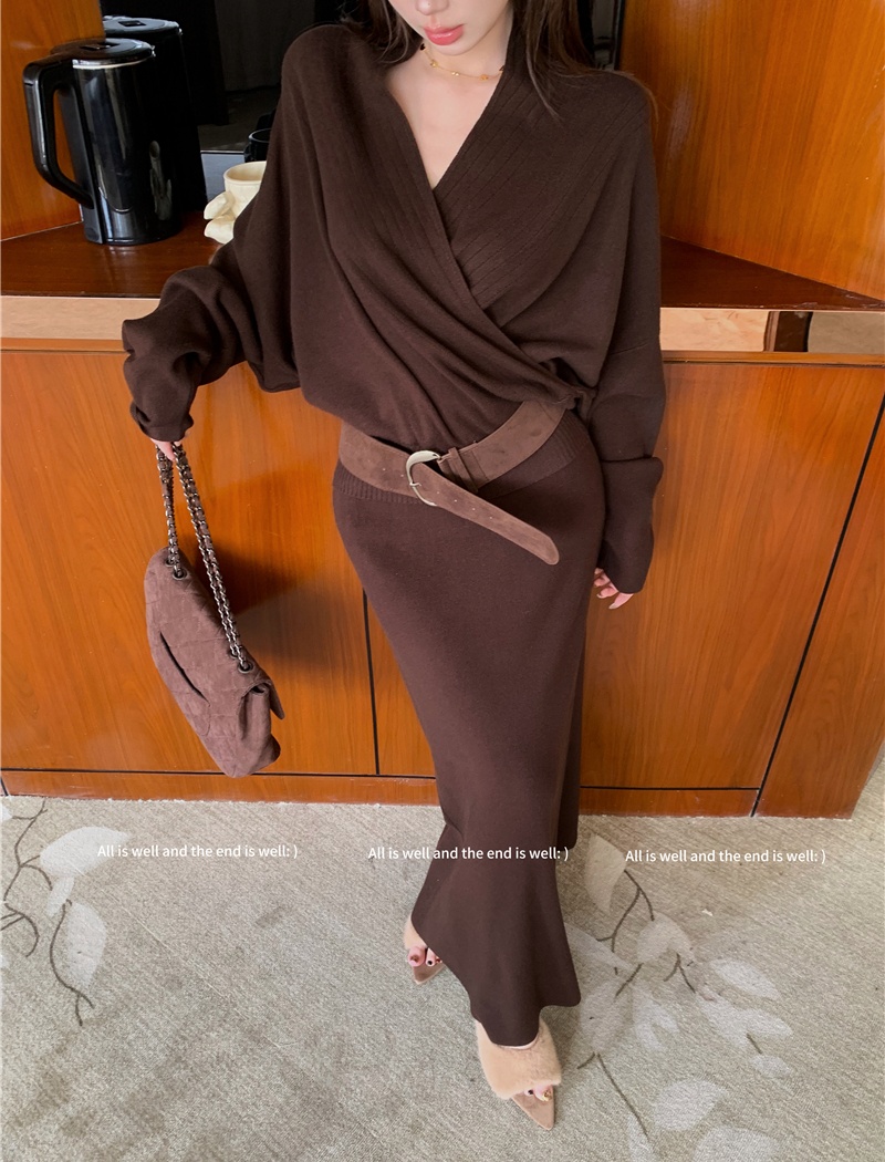 Knitted lazy skirt France style tops 2pcs set