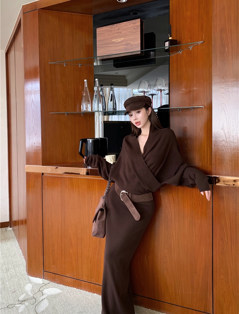 Knitted lazy skirt France style tops 2pcs set