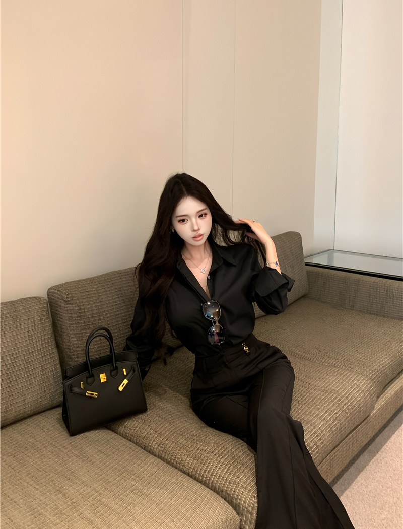 Slim long pants commuting shirt 2pcs set for women