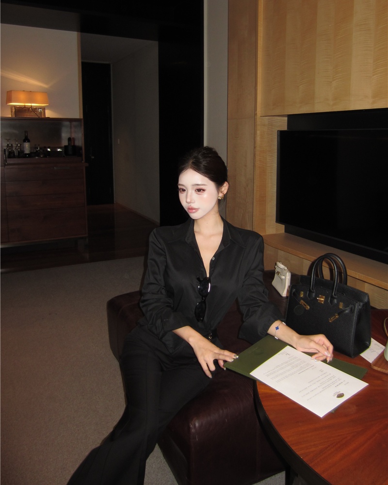 Slim long pants commuting shirt 2pcs set for women