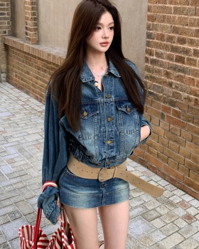 Denim loose coat slim retro culottes 2pcs set for women