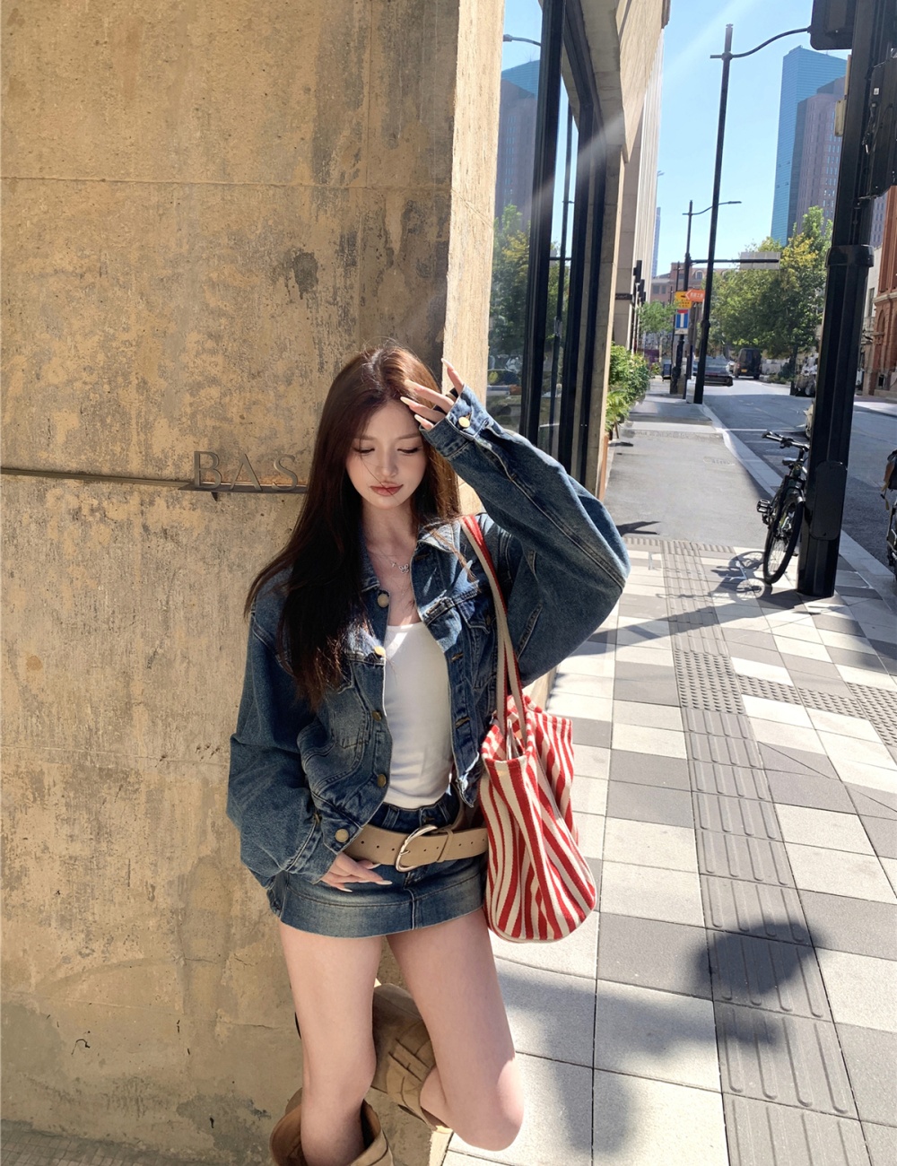 Denim loose coat slim retro culottes 2pcs set for women