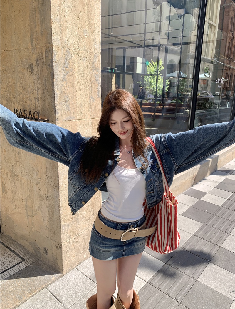 Denim loose coat slim retro culottes 2pcs set for women