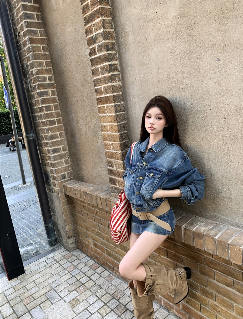 Denim loose coat slim retro culottes 2pcs set for women