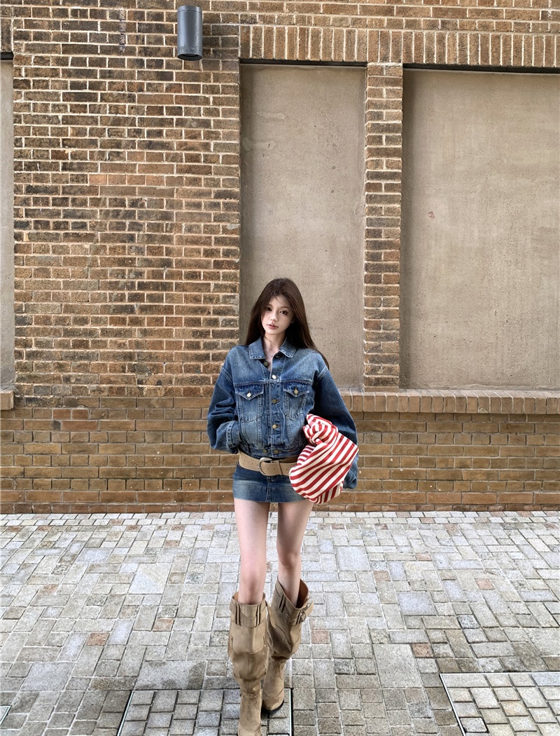 Denim loose coat slim retro culottes 2pcs set for women