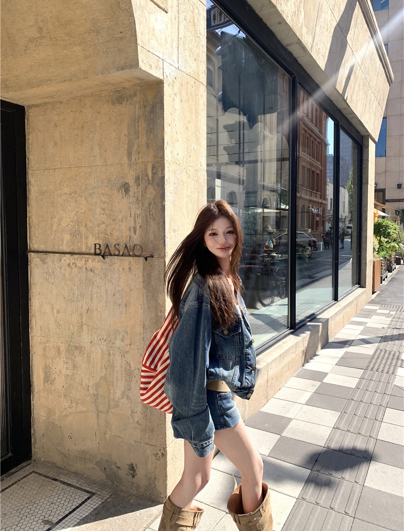 Denim loose coat slim retro culottes 2pcs set for women