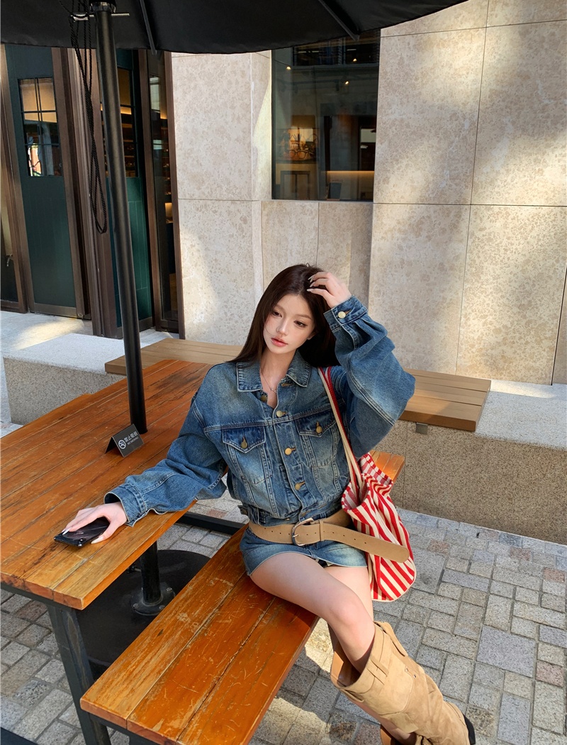 Denim loose coat slim retro culottes 2pcs set for women