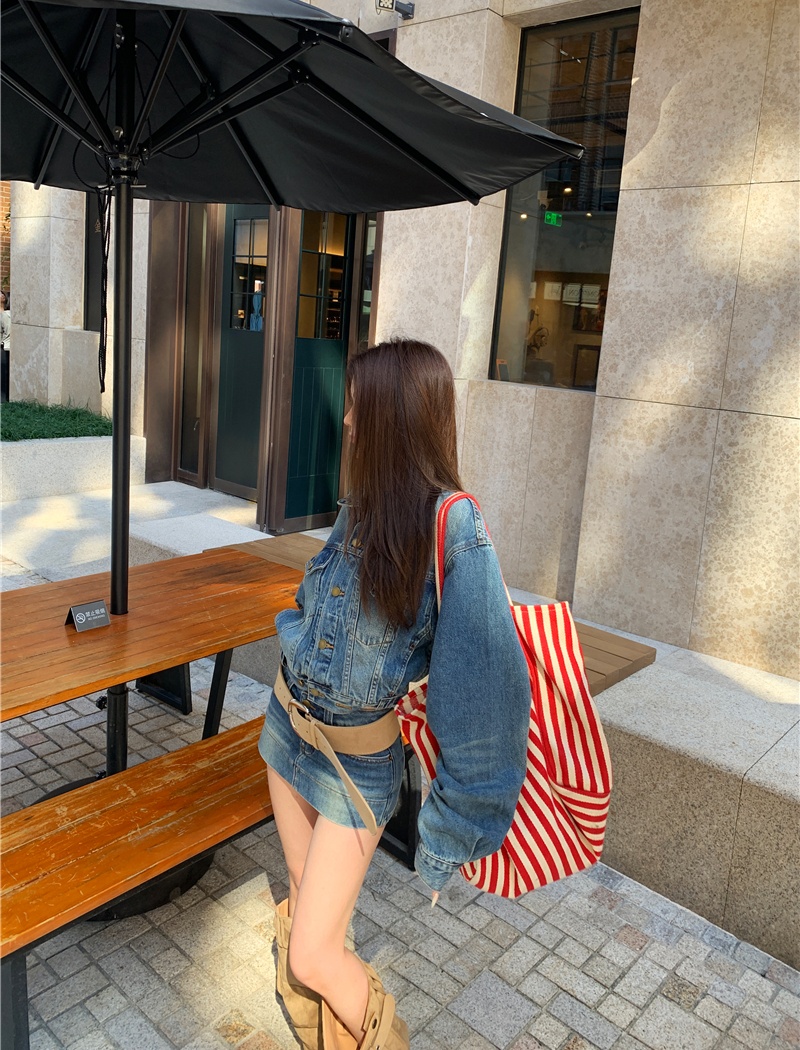 Denim loose coat slim retro culottes 2pcs set for women